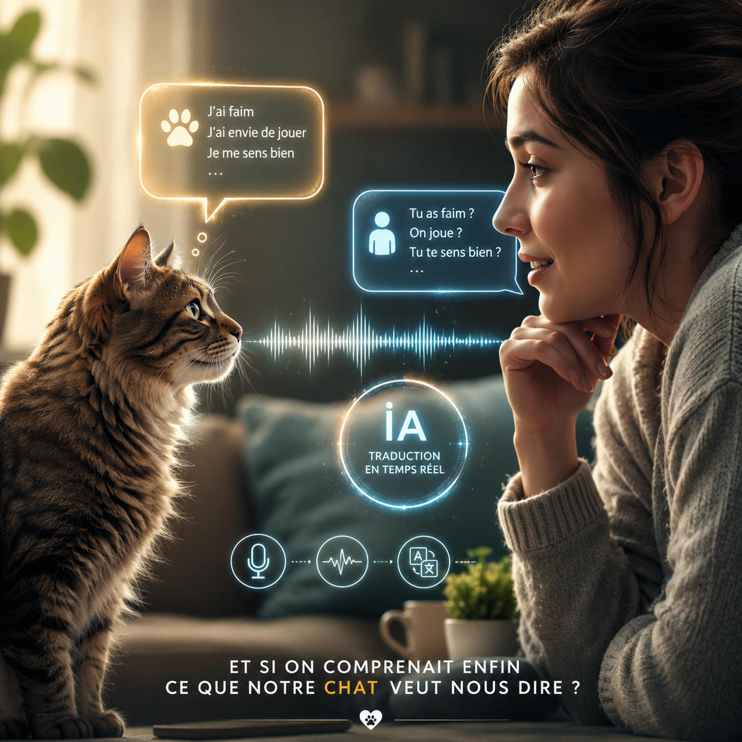 Intelligence artificielle analysant la communication entre un chat domestique et son propriétaire pour comprendre le langage félin grâce aux nouvelles technologies.