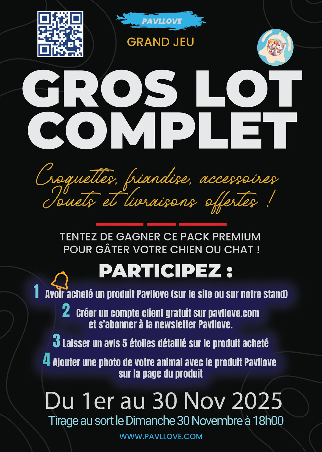 Image du Grand Jeu Pavllove à la Foire de Grenoble 2025 : présentation du concours permettant de gagner 2 mois de croquettes premium, friandises naturelles et accessoires pour chiens et chats, marque française dédiée au bien-être animal.