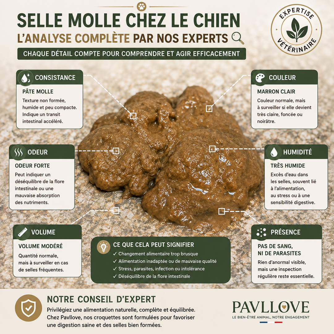 Pourquoi mon chien fait-il des selles molles ? Guide complet pour analyser les selles de votre chien, comprendre les causes digestives et améliorer durablement sa santé intestinale.