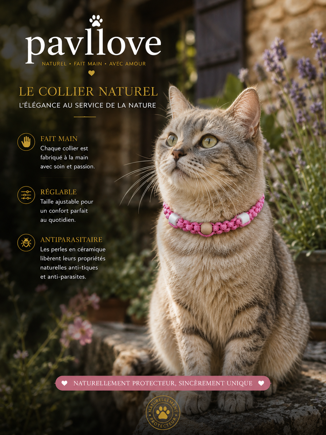 Collier Rose Torsadé Anti-Tiques Naturel, Antiparasitaire avec Perles de Céramique EM ⭐⭐⭐⭐⭐