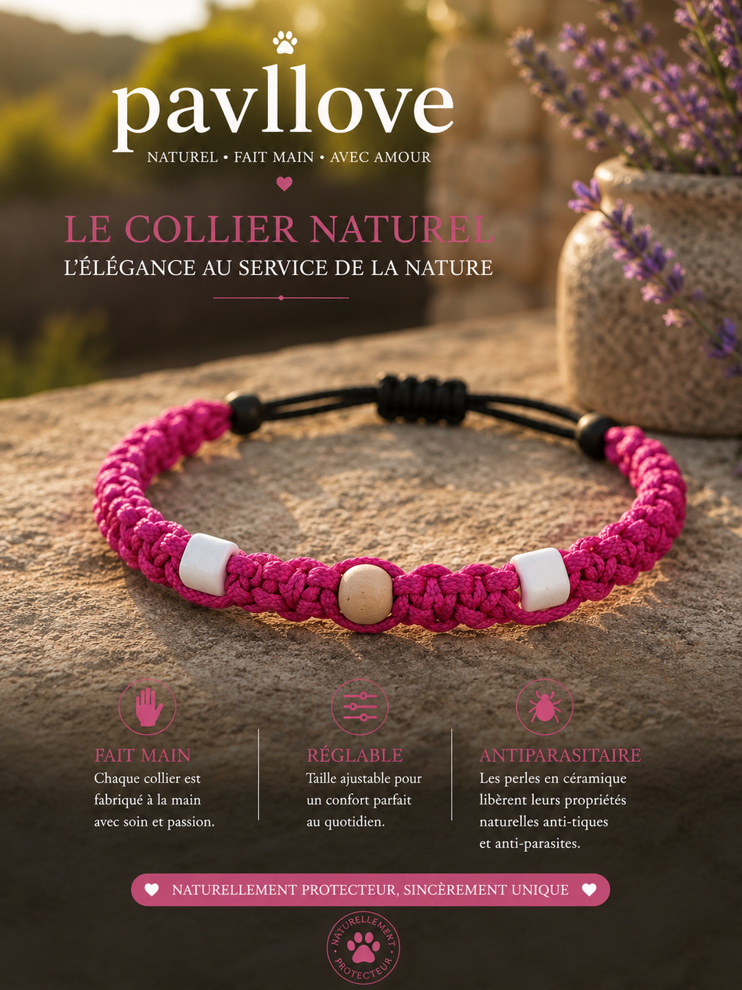 Collier Rose foncé Torsadé Anti-Tiques Naturel, Antiparasitaire avec Perles de Céramique EM ⭐⭐⭐⭐⭐