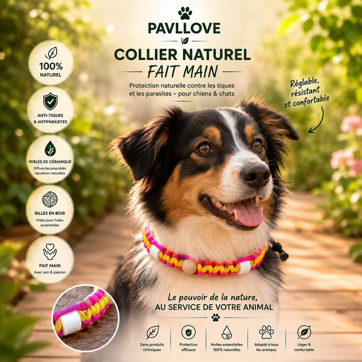 Colliers Rose Anti-Tiques & Antiparasitaire Naturel (Tréssée) avec Perles de céramique EM ⭐⭐⭐⭐⭐