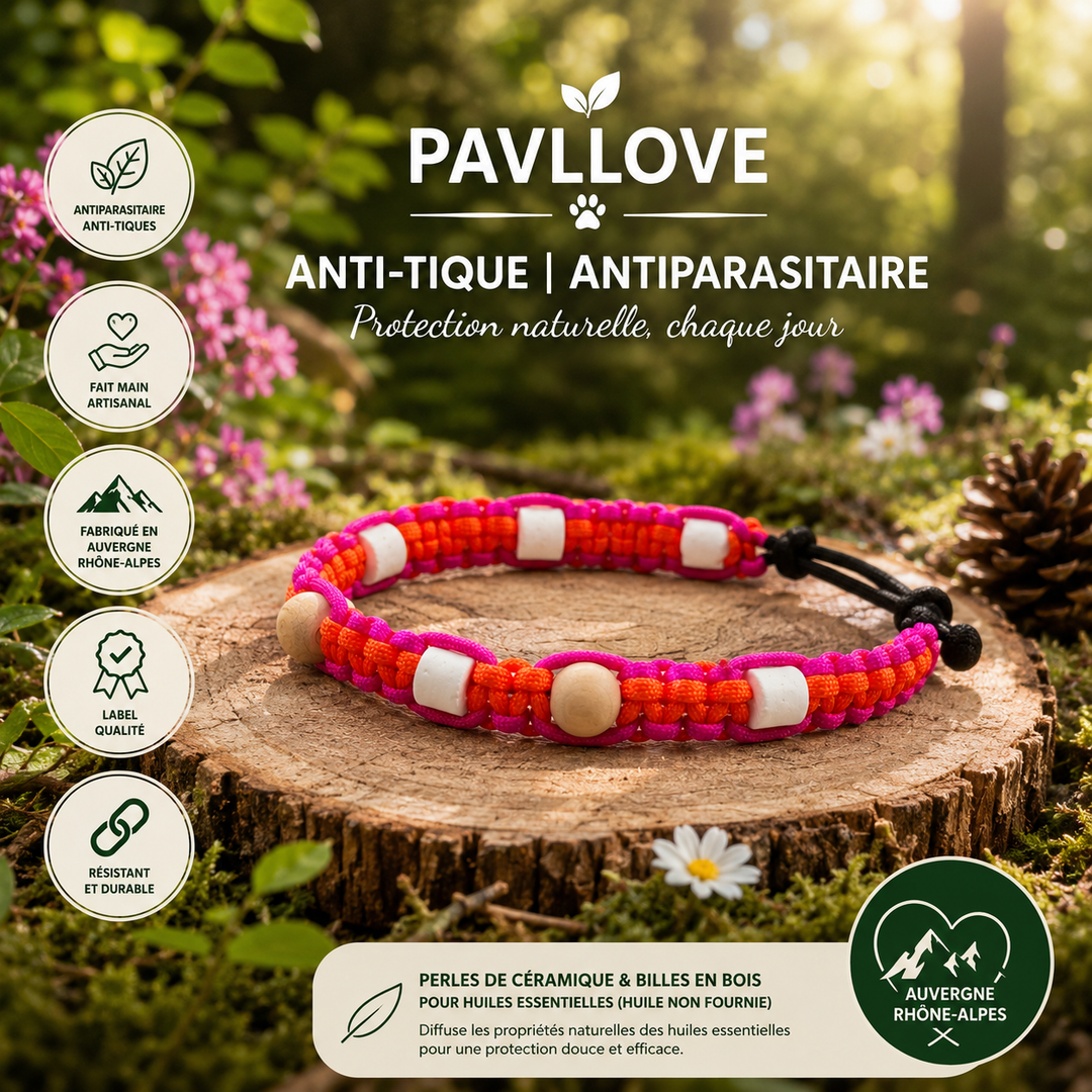 Collier Anti-Tiques & Antiparasitaire Naturel Chien et Chat, Fait Main en France, Perles de Céramique EM (Gamme Tréssée)