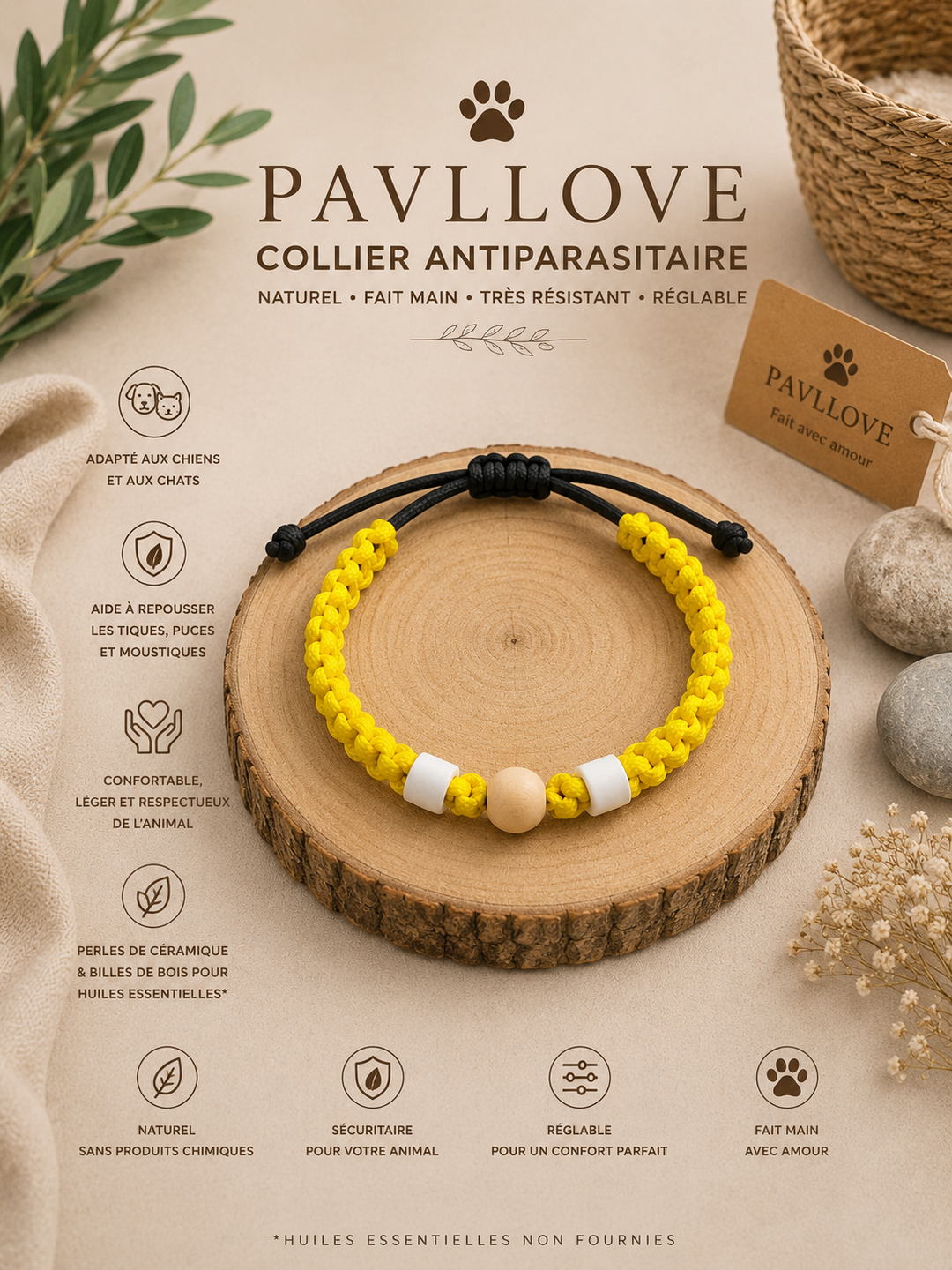 Collier Jaune Torsadé Anti-Tiques Naturel, Antiparasitaire avec Perles de Céramique EM ⭐⭐⭐⭐⭐