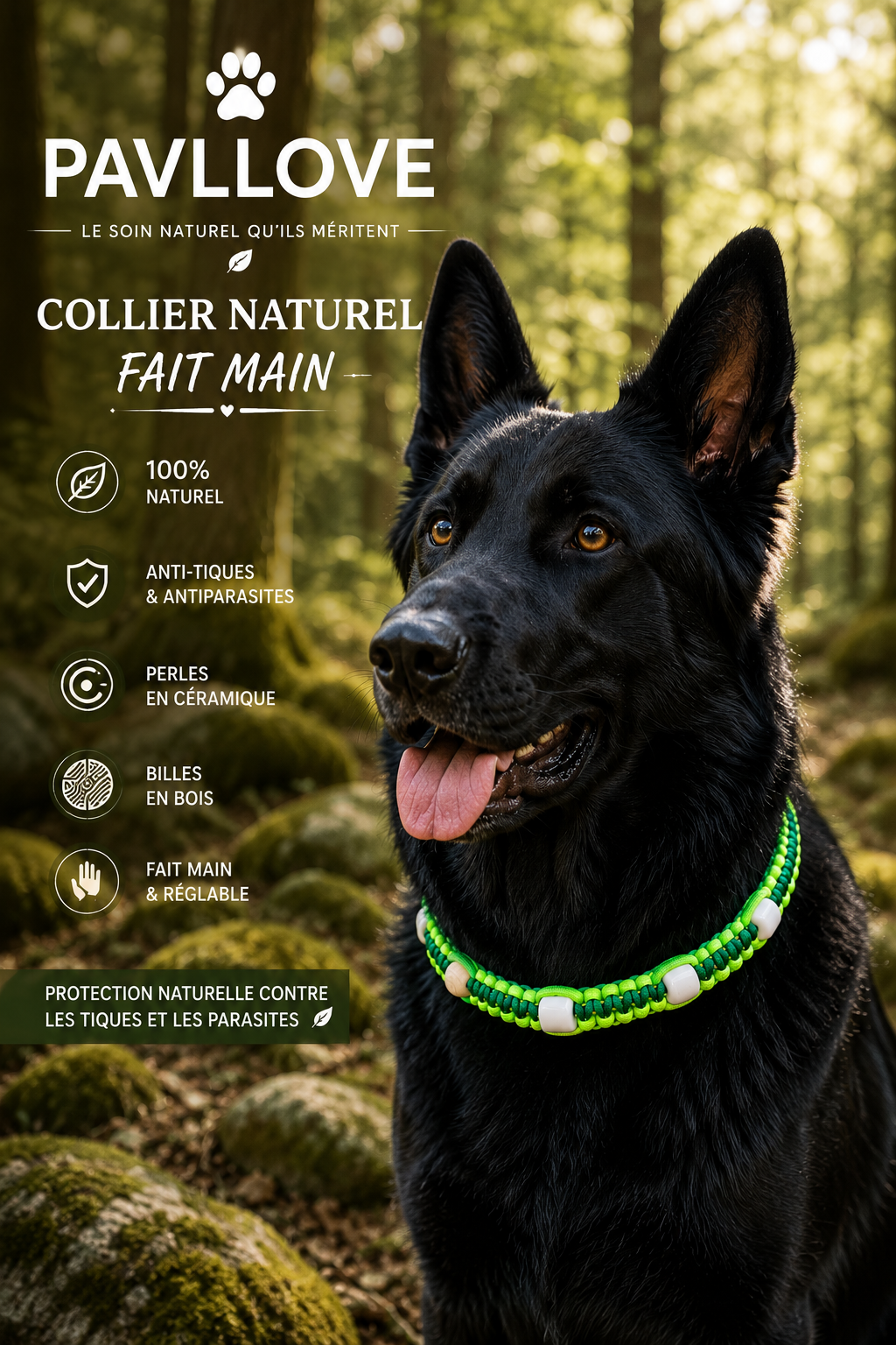 Collier Anti-Tiques & Antiparasitaire Naturel Chien et Chat, Fait Main en France, Perles de Céramique EM (Gamme Tréssée)
