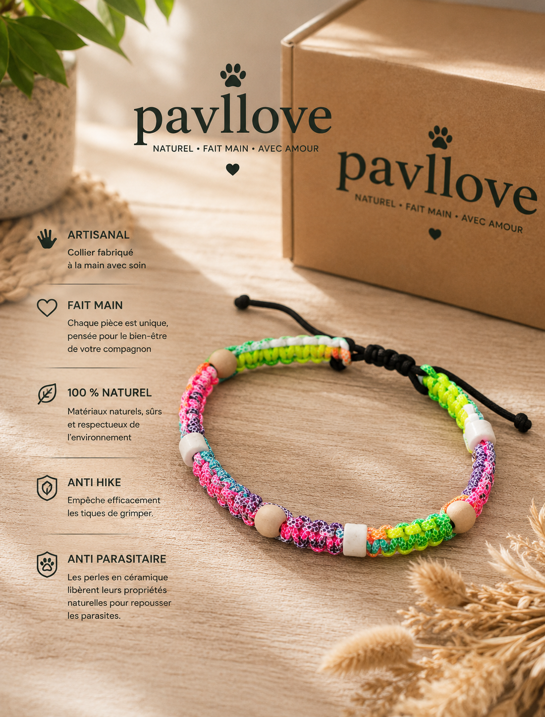 Collier Anti-Tiques & Antiparasitaire Naturel Chien et Chat, Fait Main en France, Perles de Céramique EM (Gamme Tréssée)