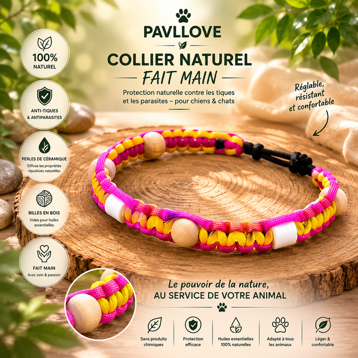 Collier Anti-Tiques & Antiparasitaire Naturel Chien et Chat, Fait Main en France, Perles de Céramique EM (Gamme Tréssée)
