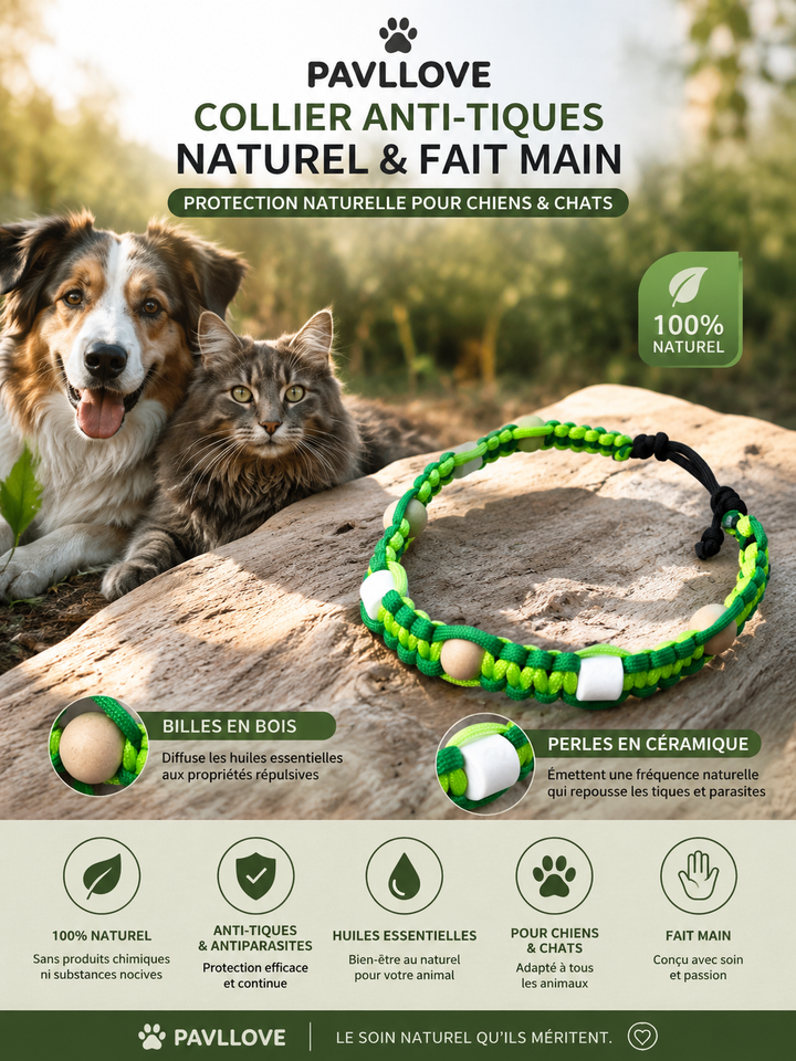 Collier Anti-Tiques & Antiparasitaire Naturel Chien et Chat, Fait Main en France, Perles de Céramique EM (Gamme Tréssée)