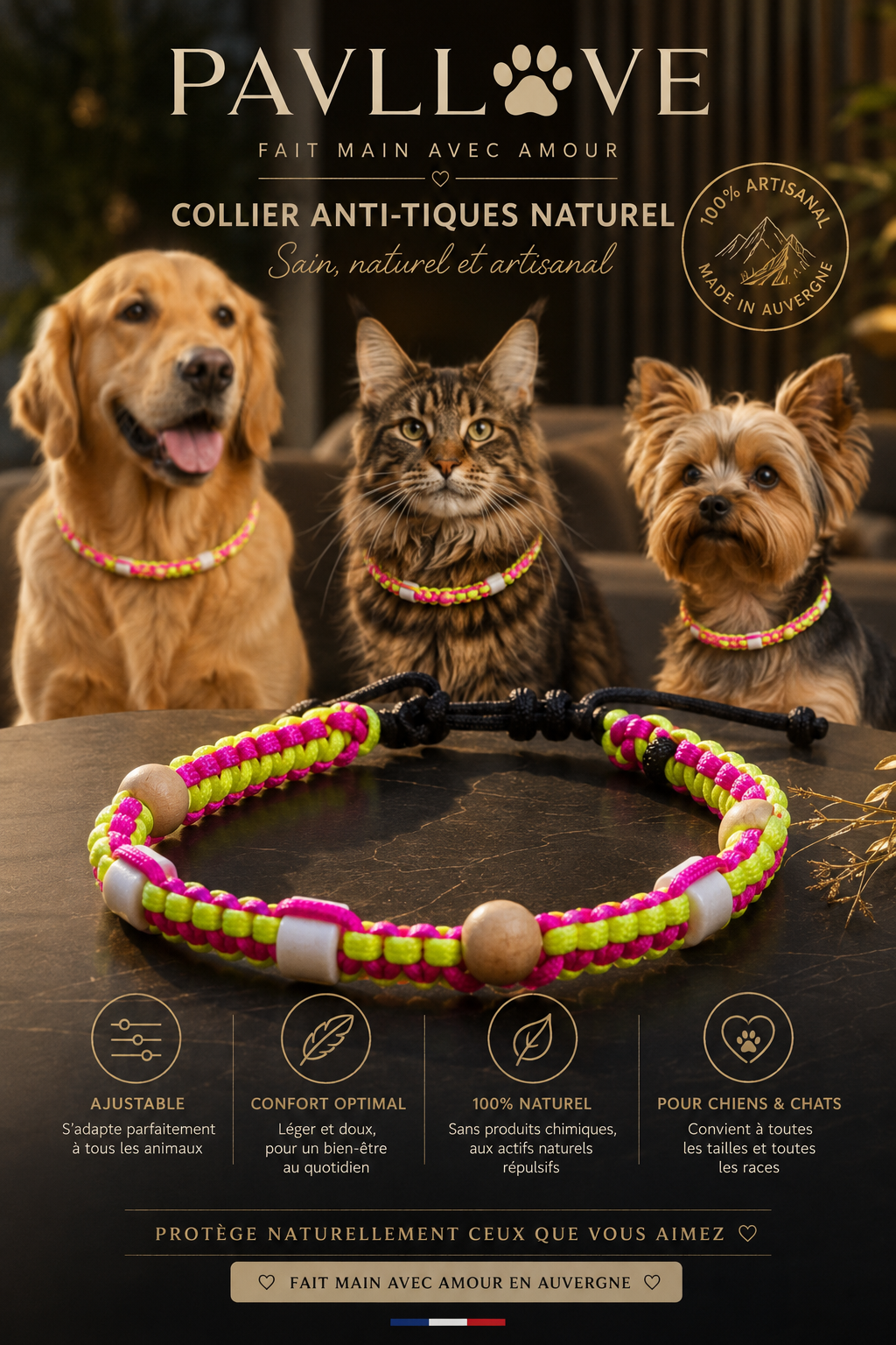 Collier Anti-Tiques & Antiparasitaire Naturel Chien et Chat, Fait Main en France, Perles de Céramique EM (Gamme Tréssée)
