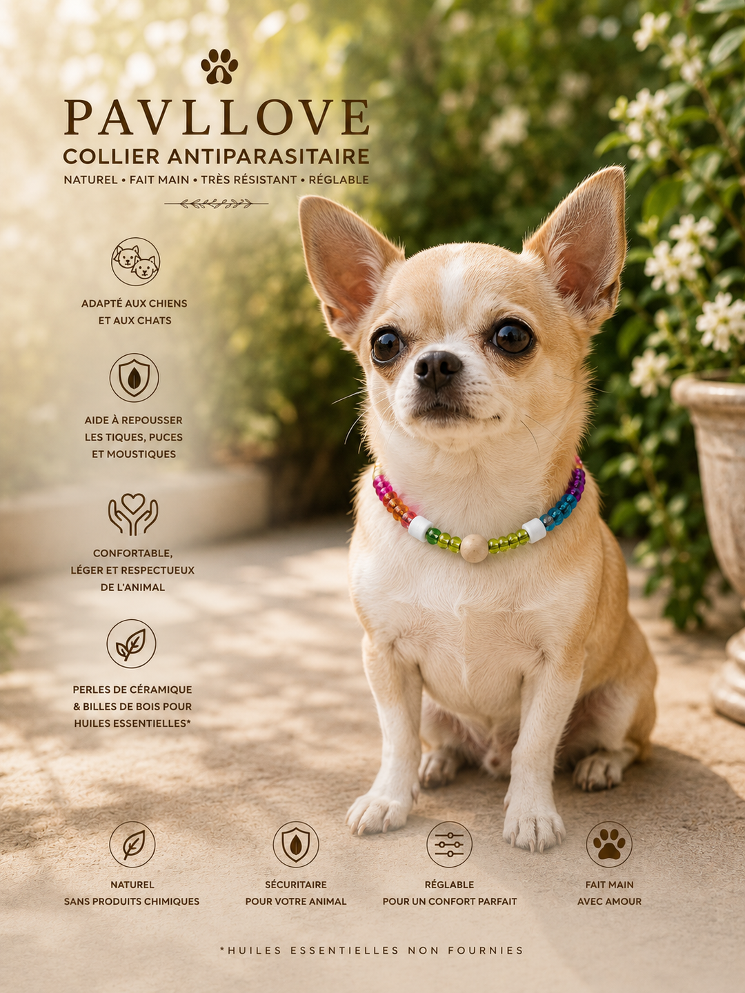 Collier Perle transparente multicolor Anti-Tiques & Antiparasitaire Naturel, Perles de Céramique EM ⭐⭐⭐⭐⭐ - Pavllove