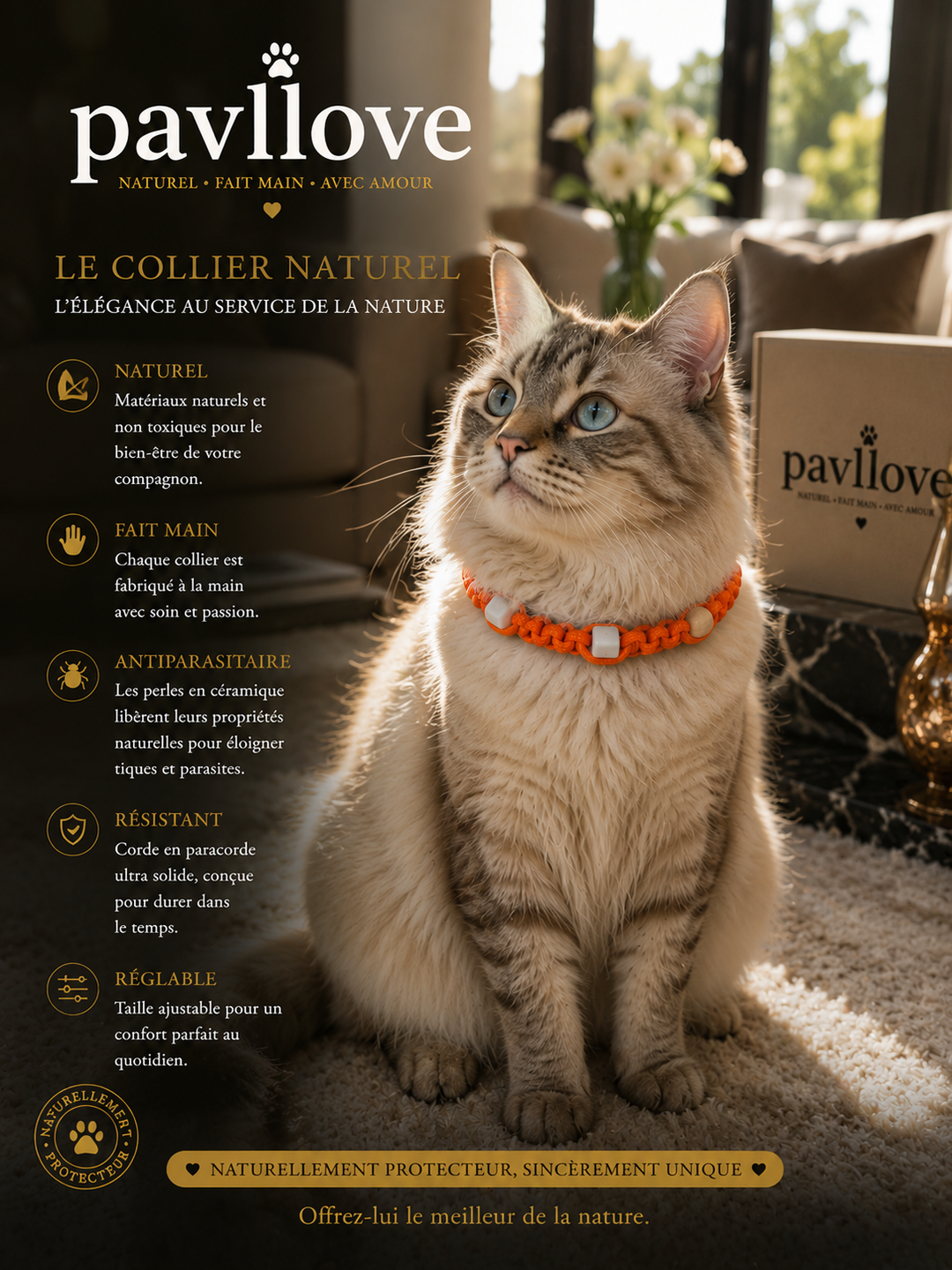 Collier Orange Torsadé Anti-Tiques Naturel, Antiparasitaire avec Perles de Céramique EM ⭐⭐⭐⭐⭐