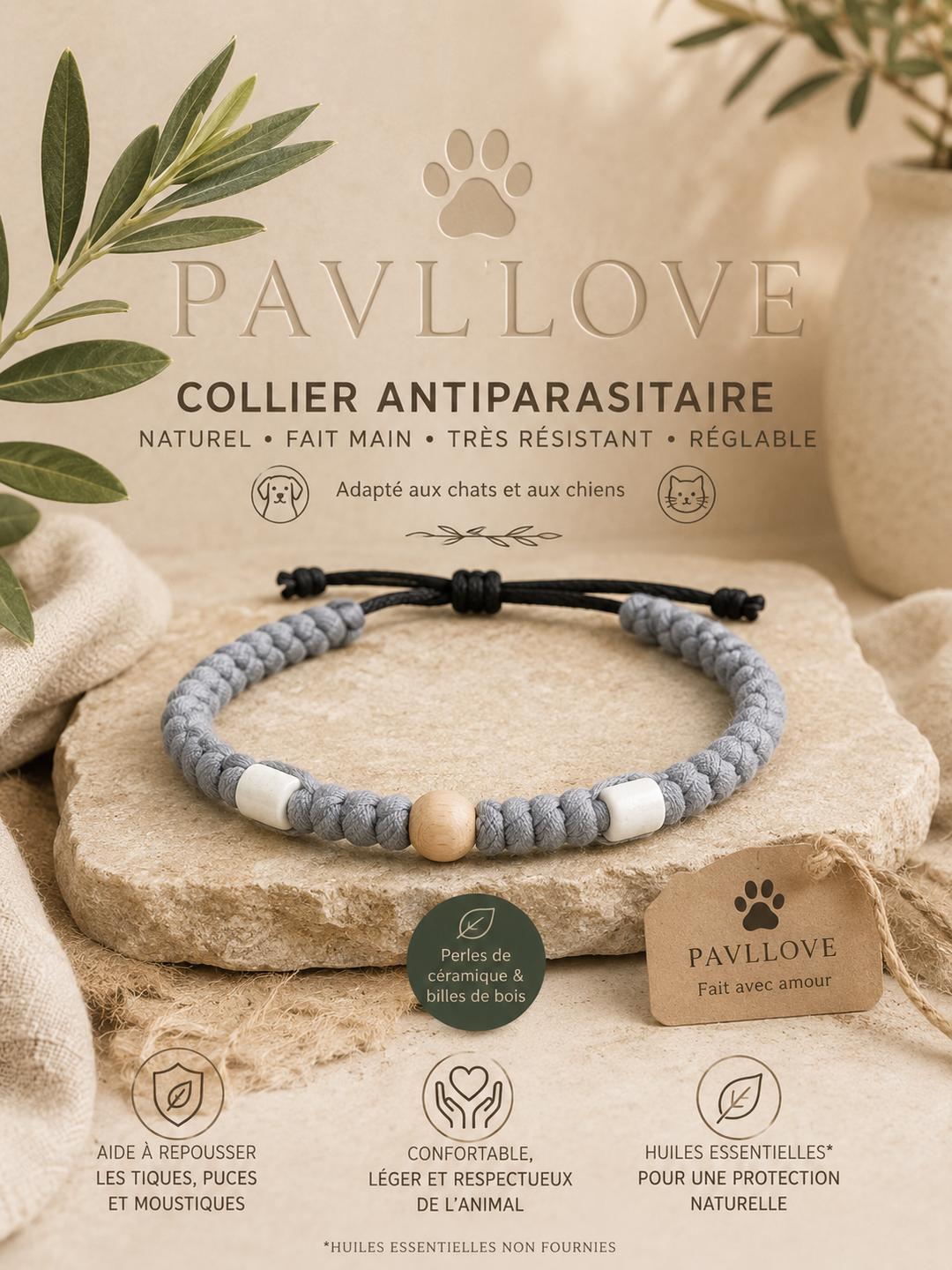 Collier Gris Torsadé Anti-Tiques Naturel, Antiparasitaire avec Perles de Céramique EM ⭐⭐⭐⭐⭐