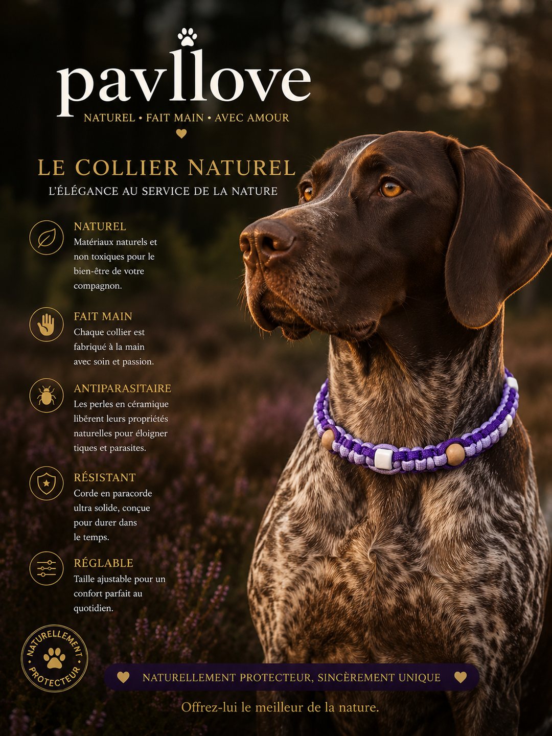 Collier Anti-Tiques & Antiparasitaire Naturel Chien et Chat, Fait Main en France, Perles de Céramique EM (Gamme Tréssée)