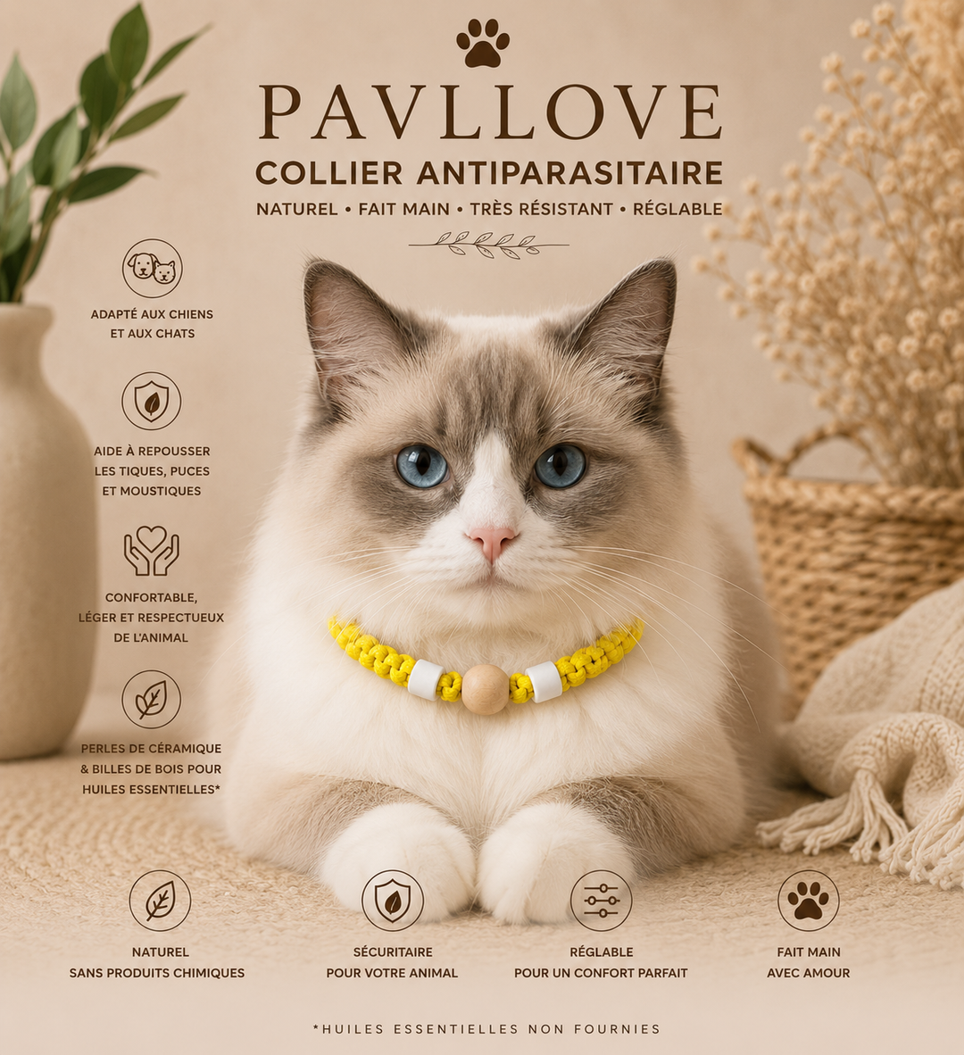 Collier Jaune Torsadé Anti-Tiques Naturel, Antiparasitaire avec Perles de Céramique EM ⭐⭐⭐⭐⭐