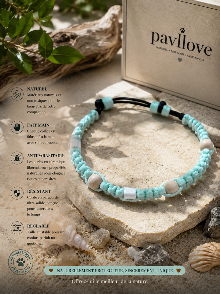 Collier Torsade bleu clait Anti-Tiques Naturel, Antiparasitaire avec Perles de Céramique EM ⭐⭐⭐⭐⭐