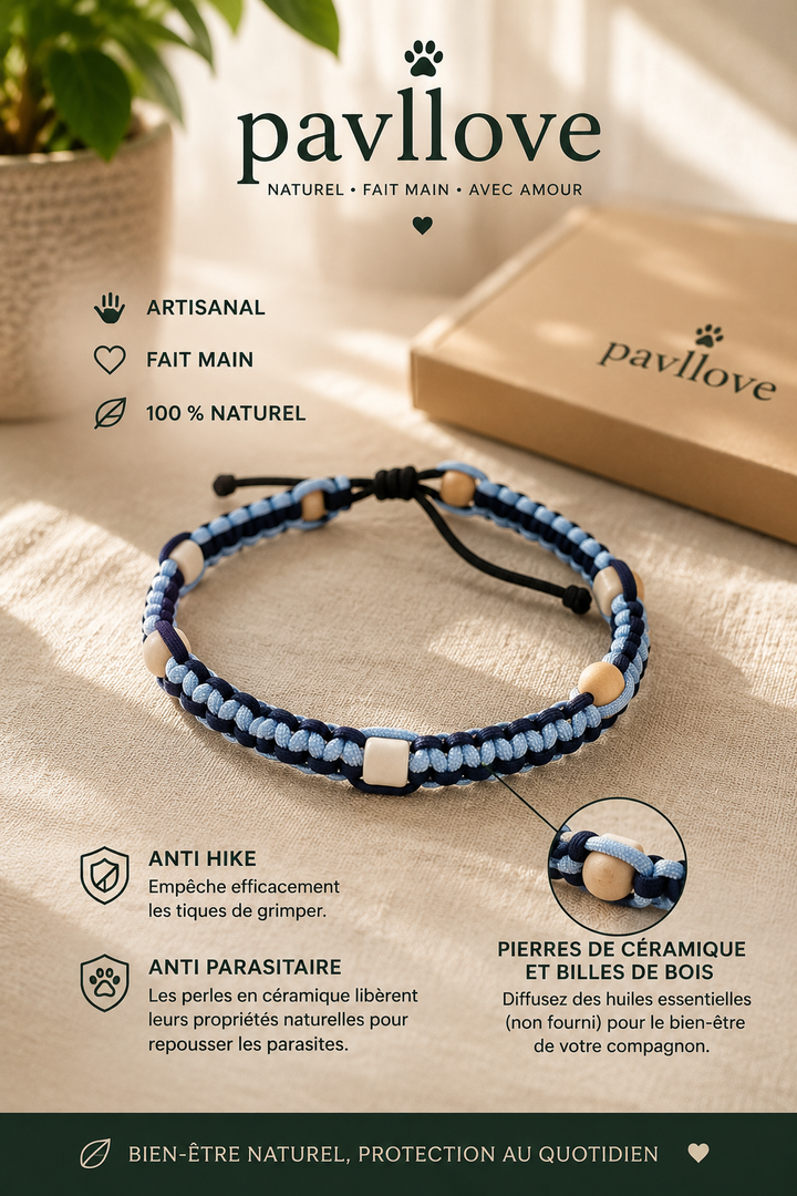 Collier Anti-Tiques & Antiparasitaire Naturel Chien et Chat, Fait Main en France, Perles de Céramique EM (Gamme Tréssée)