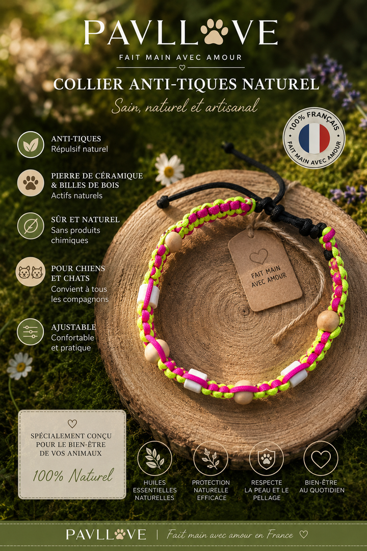 Collier Anti-Tiques & Antiparasitaire Naturel Chien et Chat, Fait Main en France, Perles de Céramique EM (Gamme Tréssée)