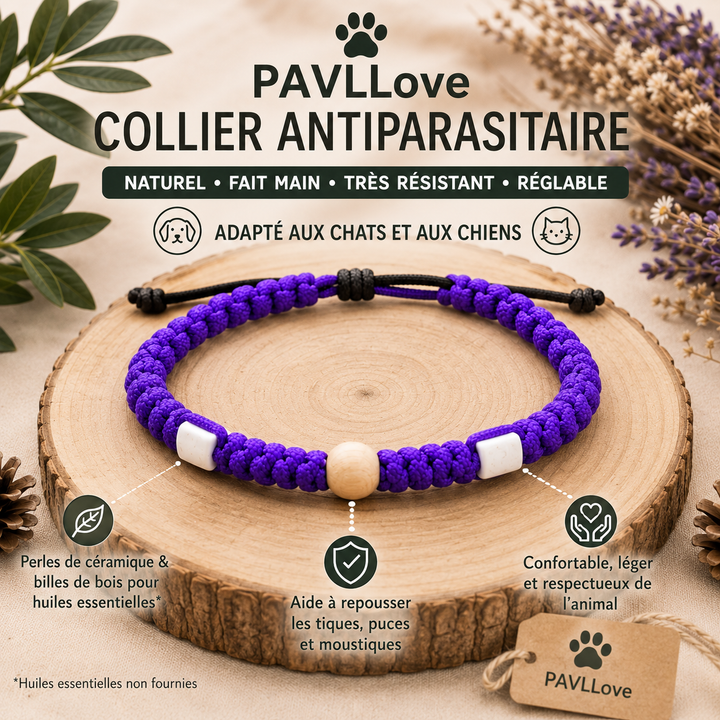 Collier Violet Torsadé Anti-Tiques Naturel, Antiparasitaire avec Perles de Céramique EM ⭐⭐⭐⭐⭐ (Copie)
