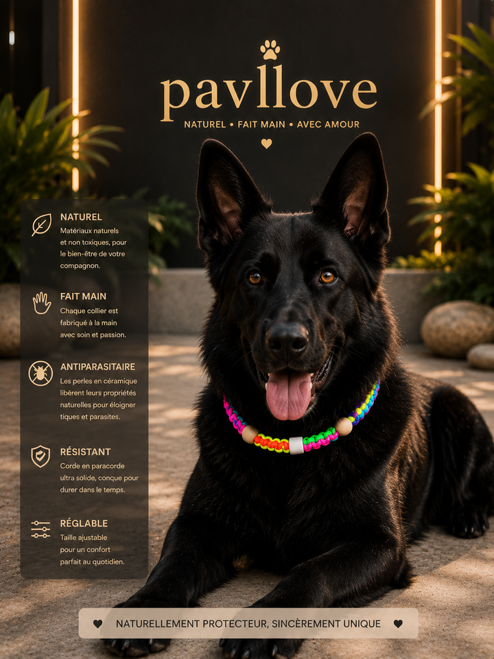 Collier Anti-Tiques & Antiparasitaire Naturel Chien et Chat, Fait Main en France, Perles de Céramique EM (Gamme Tréssée)