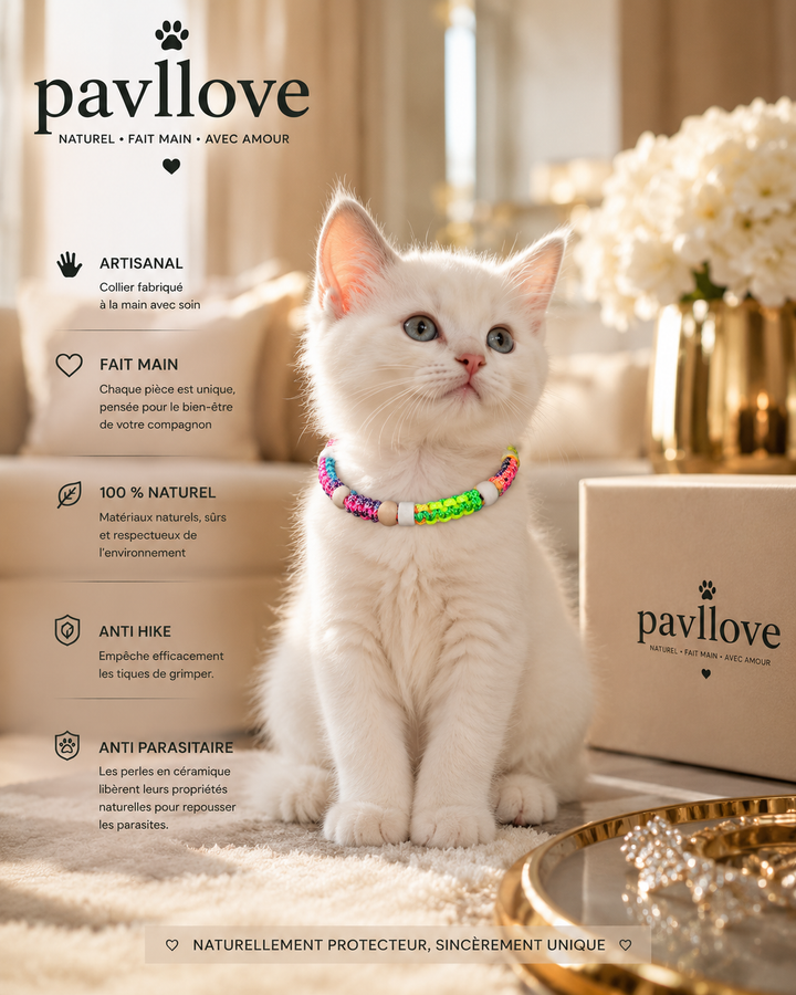 Collier Anti-Tiques & Antiparasitaire Naturel Chien et Chat, Fait Main en France, Perles de Céramique EM (Gamme Tréssée)