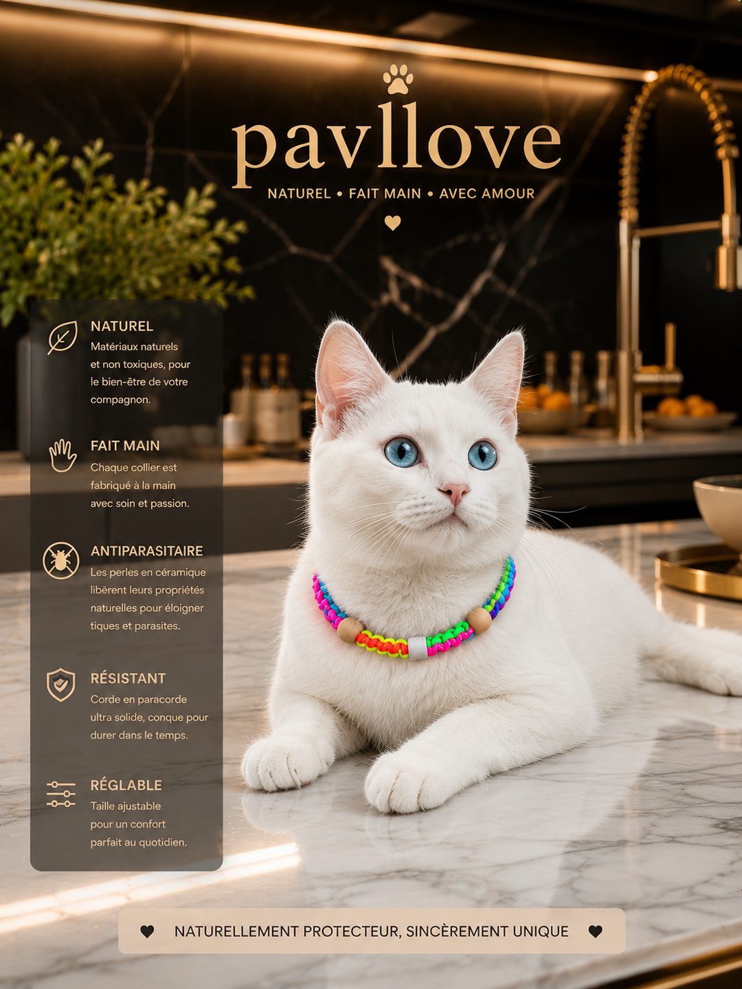 Collier Anti-Tiques & Antiparasitaire Naturel Chien et Chat, Fait Main en France, Perles de Céramique EM (Gamme Tréssée)
