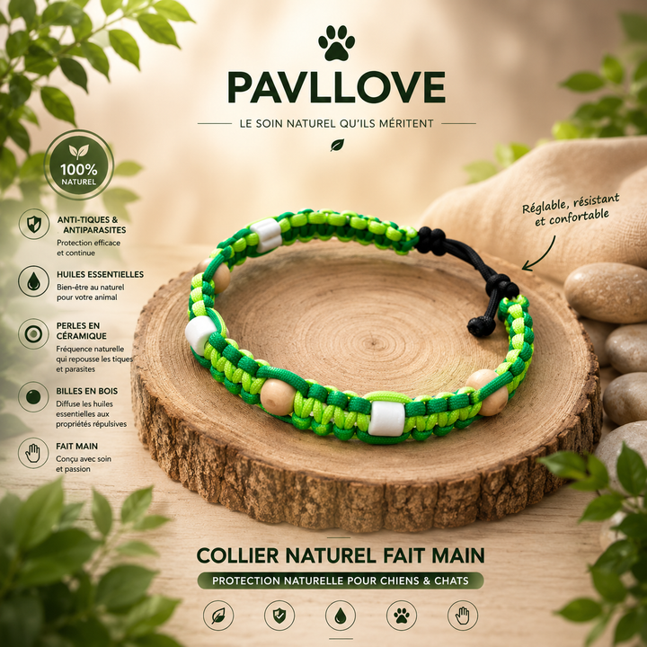 Collier Anti-Tiques & Antiparasitaire Naturel Chien et Chat, Fait Main en France, Perles de Céramique EM (Gamme Tréssée)