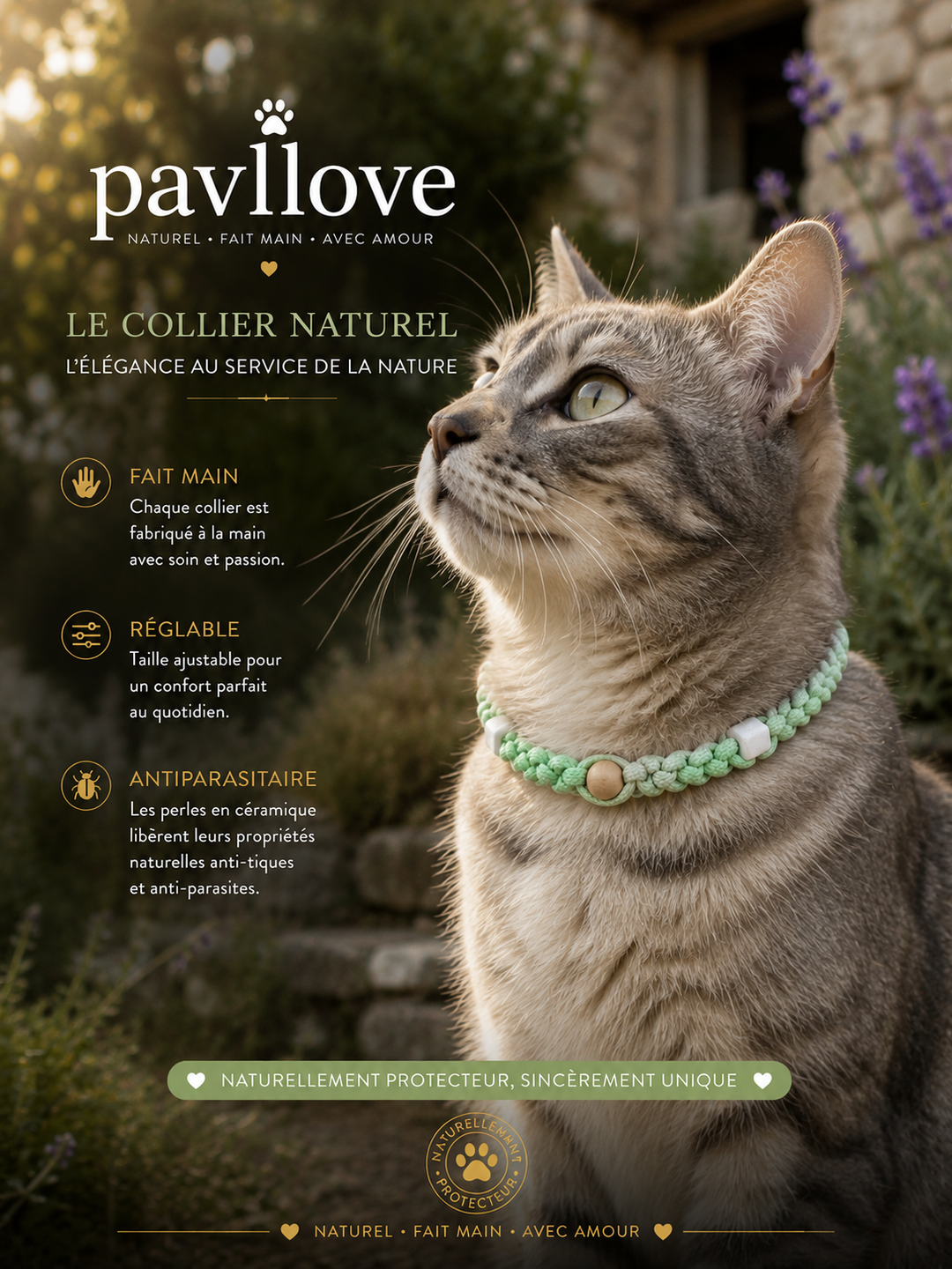 Collier vert Torsadé Anti-Tiques Naturel, Antiparasitaire avec Perles de Céramique EM ⭐⭐⭐⭐⭐