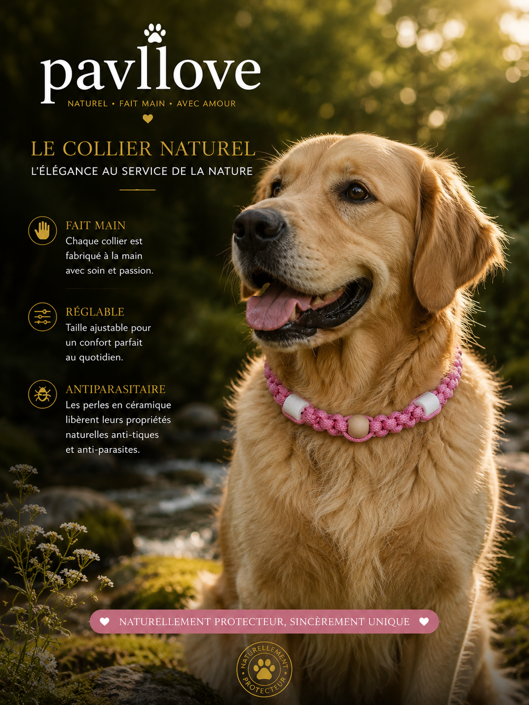 Collier Rose Torsadé Anti-Tiques Naturel, Antiparasitaire avec Perles de Céramique EM ⭐⭐⭐⭐⭐