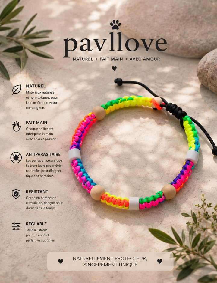 Collier Anti-Tiques & Antiparasitaire Naturel Chien et Chat, Fait Main en France, Perles de Céramique EM (Gamme Tréssée)