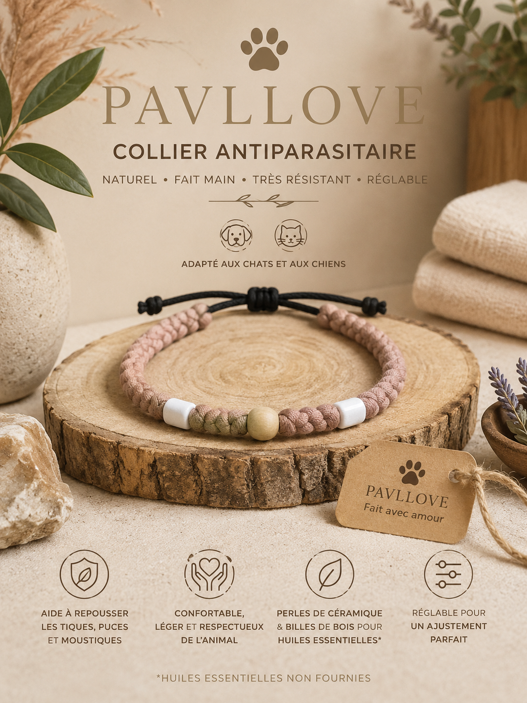 Collier Marrons Torsadé Anti-Tiques Naturel, Antiparasitaire avec Perles de Céramique EM ⭐⭐⭐⭐⭐ (Copie) (Copie)