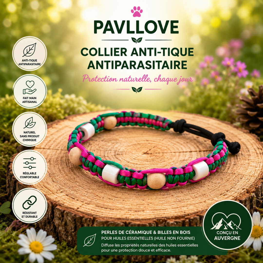 Collier Anti-Tiques & Antiparasitaire Naturel Chien et Chat, Fait Main en France, Perles de Céramique EM (Gamme Tréssée)