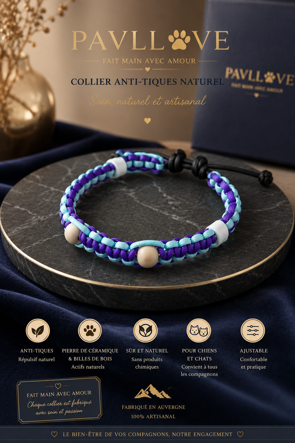 Collier Anti-Tiques & Antiparasitaire Naturel Chien et Chat, Fait Main en France, Perles de Céramique EM (Gamme Tréssée)