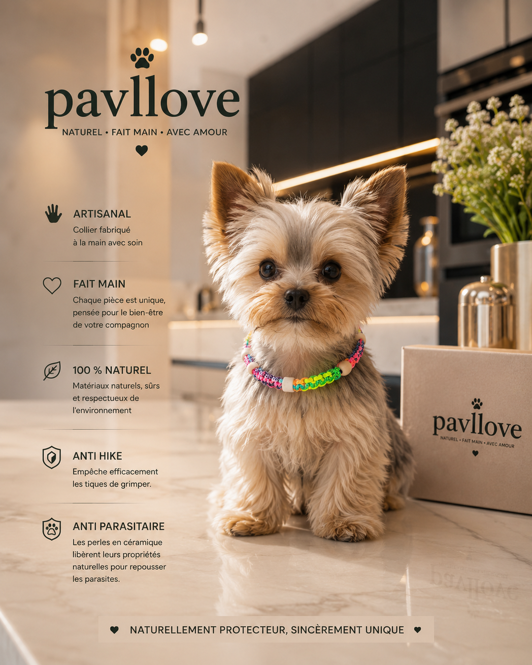 Collier Anti-Tiques & Antiparasitaire Naturel Chien et Chat, Fait Main en France, Perles de Céramique EM (Gamme Tréssée)