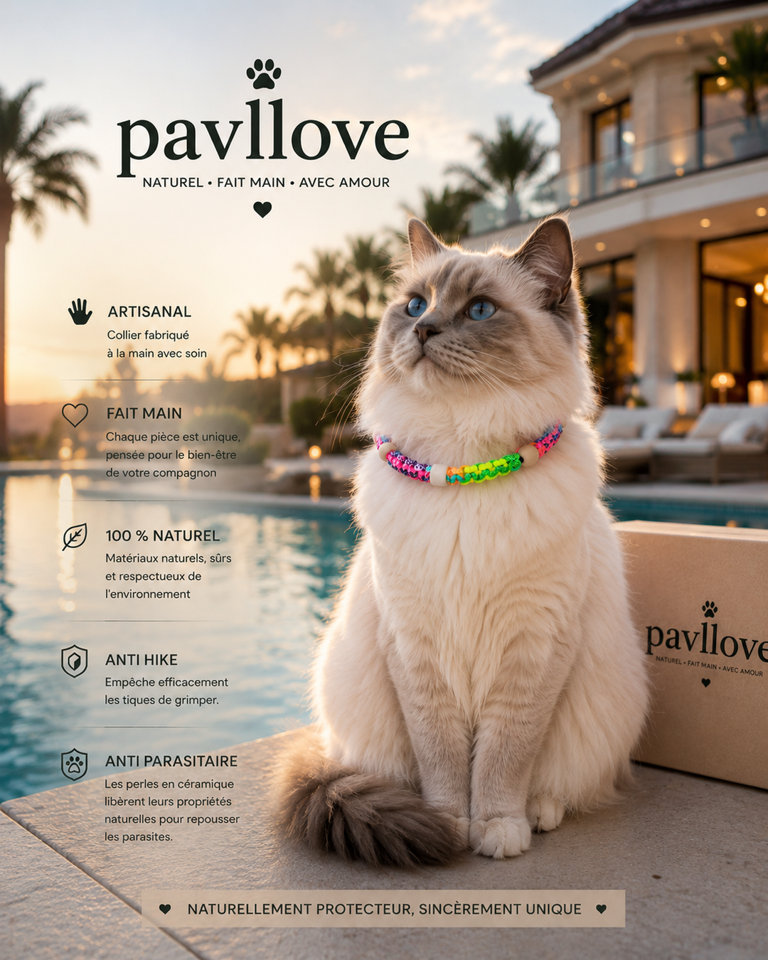 Collier Anti-Tiques & Antiparasitaire Naturel Chien et Chat, Fait Main en France, Perles de Céramique EM (Gamme Tréssée)