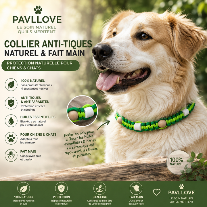 Collier Anti-Tiques & Antiparasitaire Naturel Chien et Chat, Fait Main en France, Perles de Céramique EM (Gamme Tréssée)