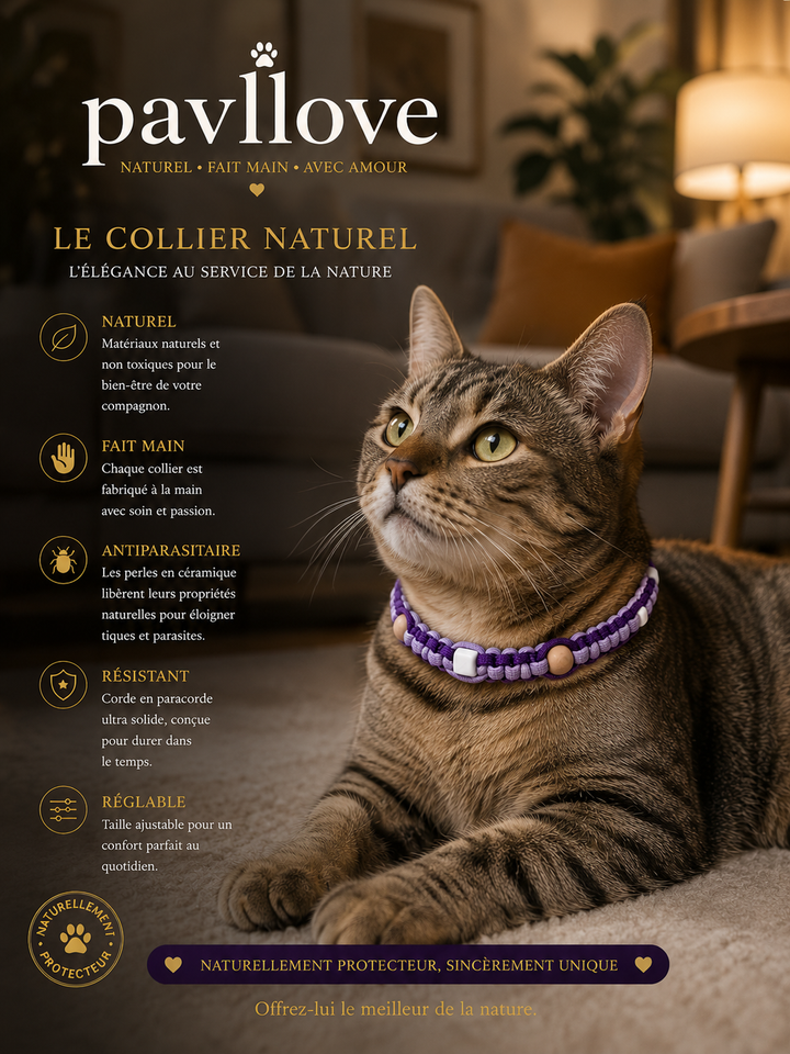 Collier Anti-Tiques & Antiparasitaire Naturel Chien et Chat, Fait Main en France, Perles de Céramique EM (Gamme Tréssée)