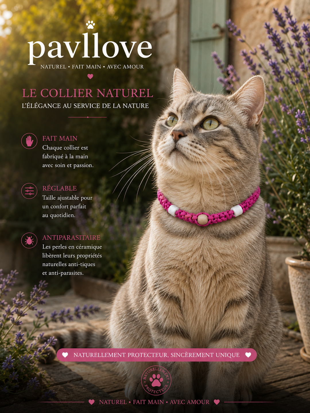 Collier Rose foncé Torsadé Anti-Tiques Naturel, Antiparasitaire avec Perles de Céramique EM ⭐⭐⭐⭐⭐