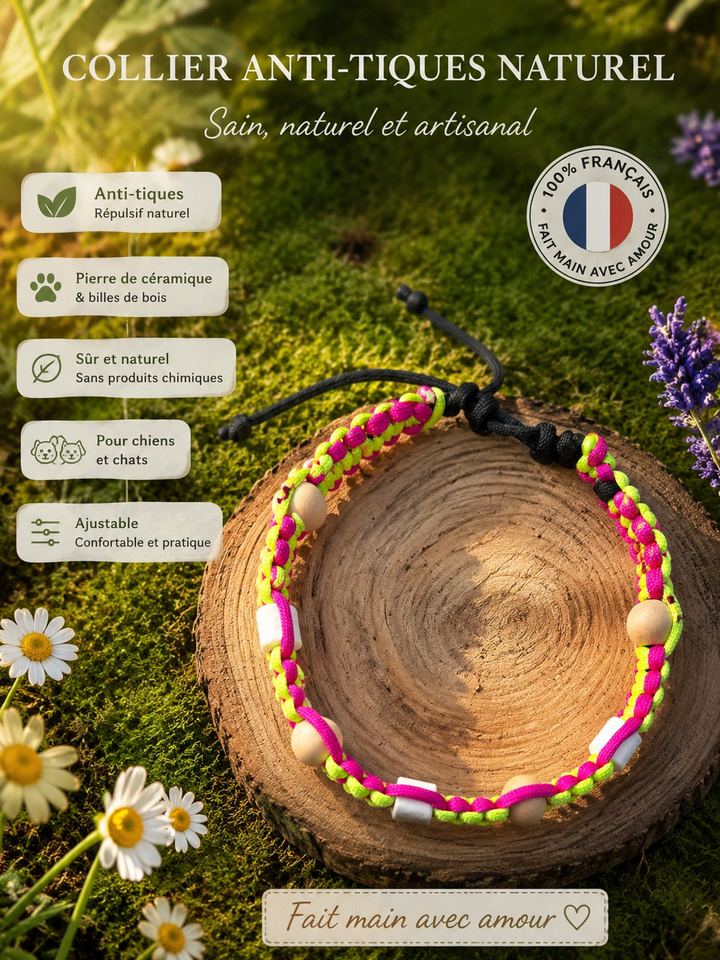 Collier Anti-Tiques & Antiparasitaire Naturel Chien et Chat, Fait Main en France, Perles de Céramique EM (Gamme Tréssée)