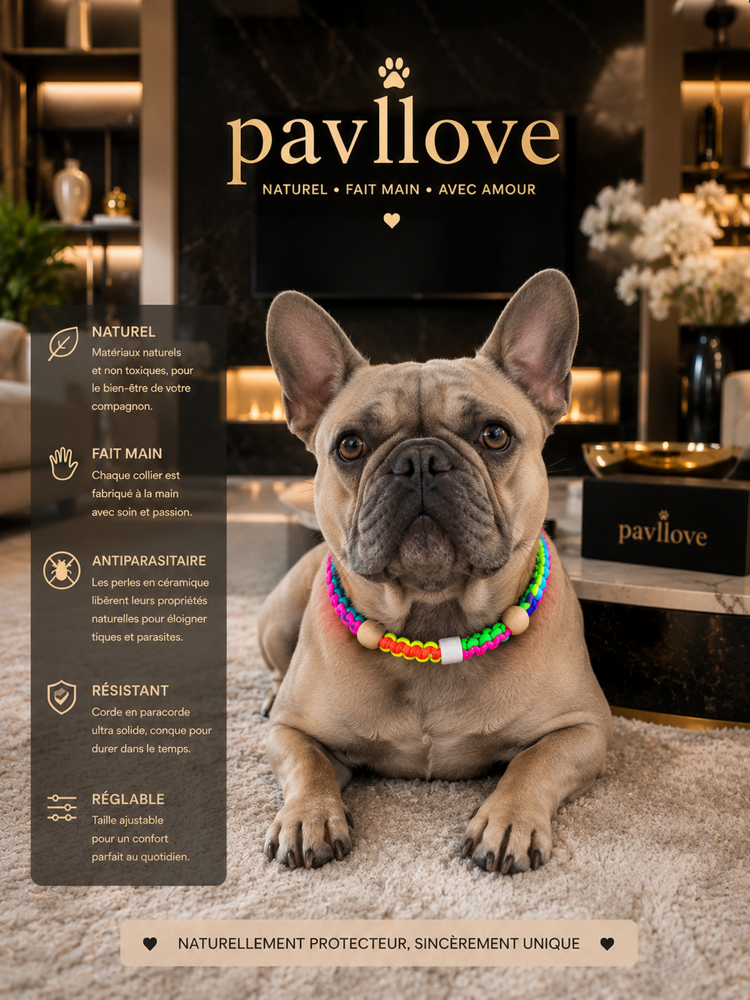 Collier Anti-Tiques & Antiparasitaire Naturel Chien et Chat, Fait Main en France, Perles de Céramique EM (Gamme Tréssée)