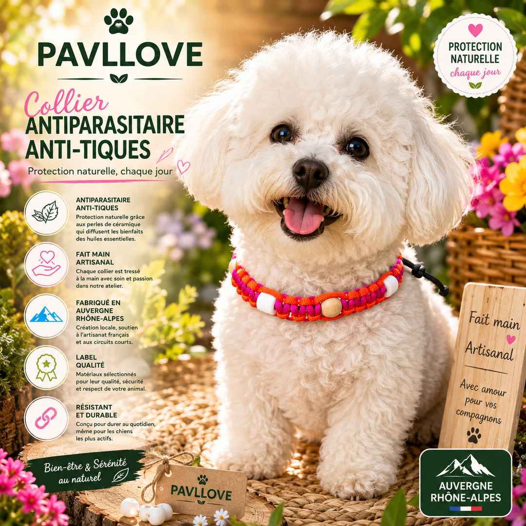 Colliers Rose Anti-Tiques & Antiparasitaire Naturel (Tréssée) avec Perles de céramique EM ⭐⭐⭐⭐⭐
