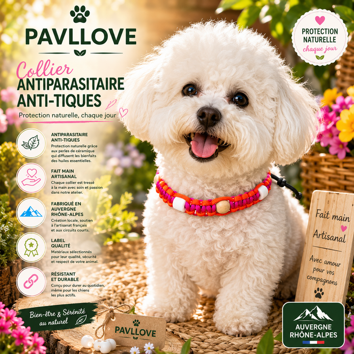 Colliers Rose Anti-Tiques & Antiparasitaire Naturel (Tréssée) avec Perles de céramique EM ⭐⭐⭐⭐⭐