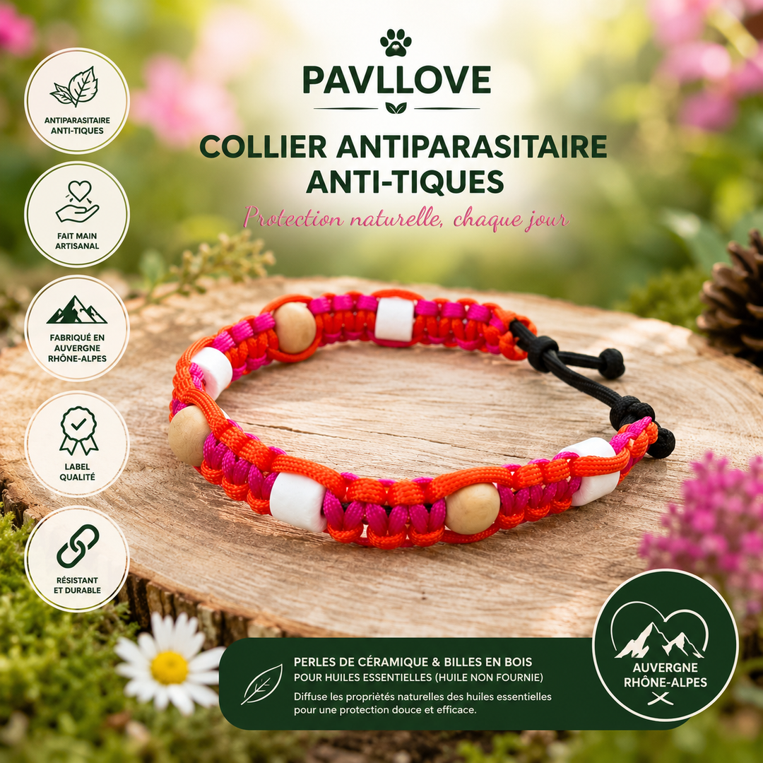 Collier Anti-Tiques & Antiparasitaire Naturel Chien et Chat, Fait Main en France, Perles de Céramique EM (Gamme Tréssée)