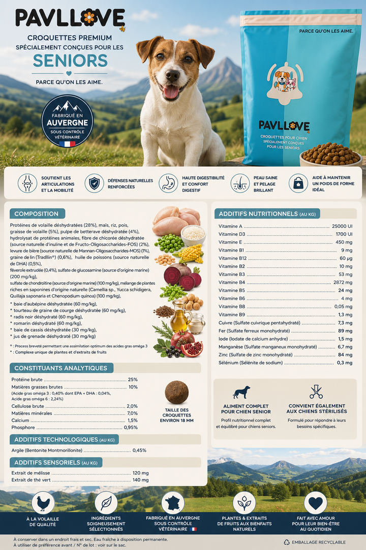 Croquettes Chien Senior Premium à la Volaille | Fabriquées en France | PAVLLOVE®
