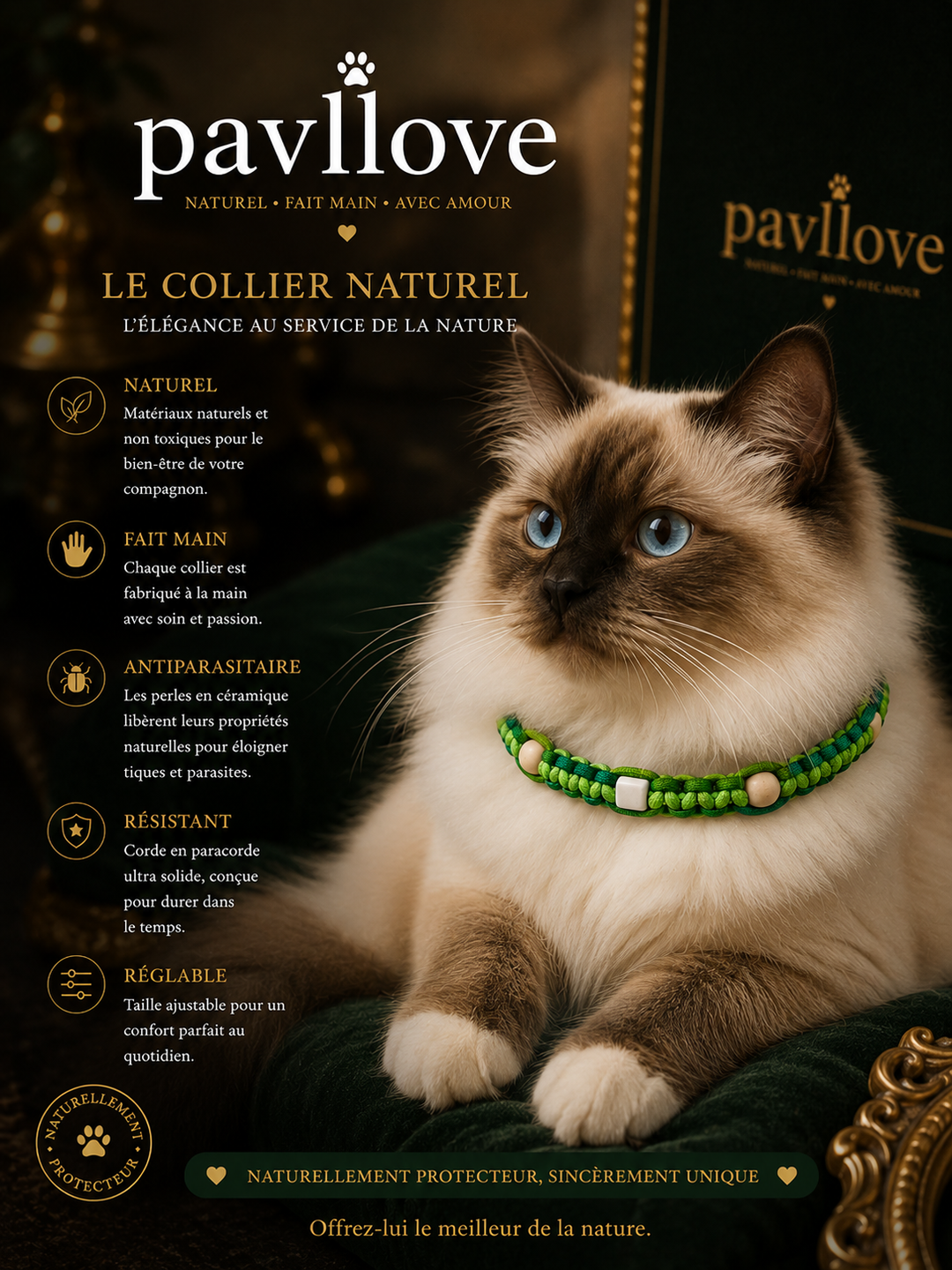 Collier Anti-Tiques & Antiparasitaire Naturel Chien et Chat, Fait Main en France, Perles de Céramique EM (Gamme Tréssée)