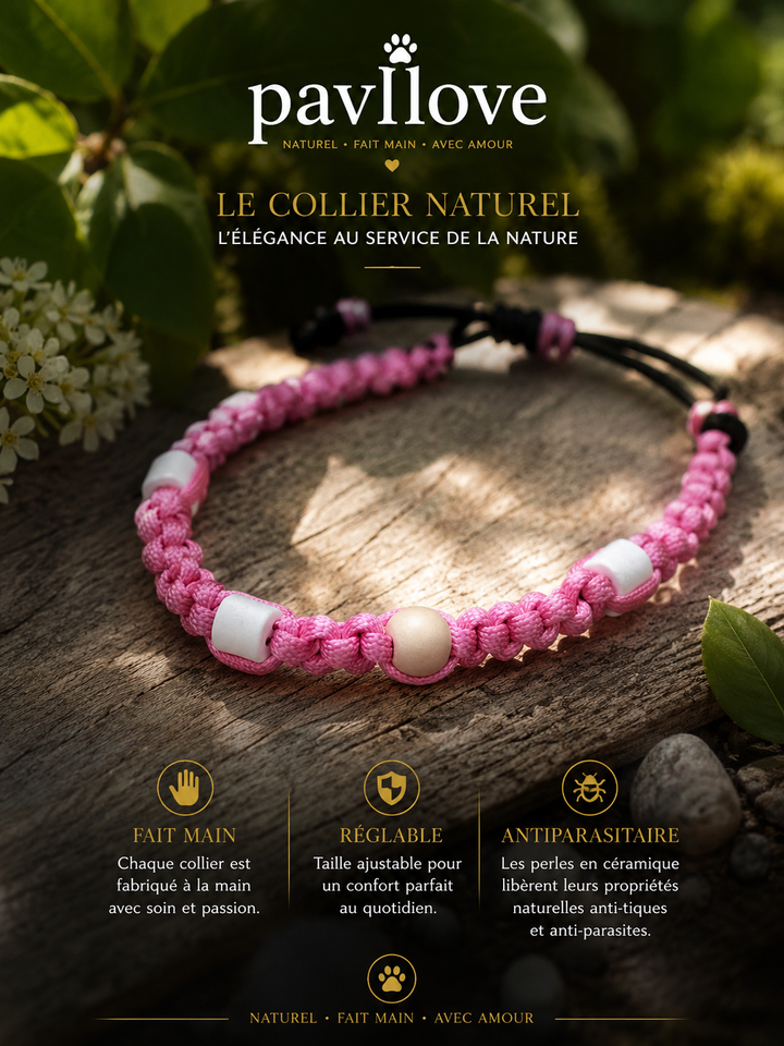 Collier Rose Torsadé Anti-Tiques Naturel, Antiparasitaire avec Perles de Céramique EM ⭐⭐⭐⭐⭐