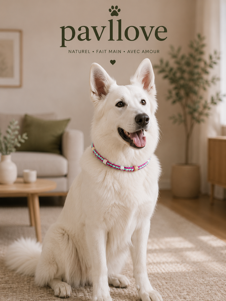 Collier Anti-Tiques & Antiparasitaire Naturel Chien et Chat, Fait Main en France, Perles de Céramique EM (Gamme Tréssée)