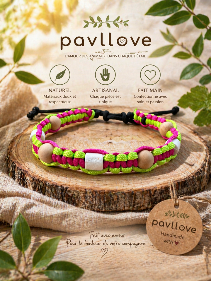Collier Fluo Jaune & Rose Anti-Tiques & Antiparasitaire Naturel (Tréssée) avec Perles de céramique EM ⭐⭐⭐⭐⭐