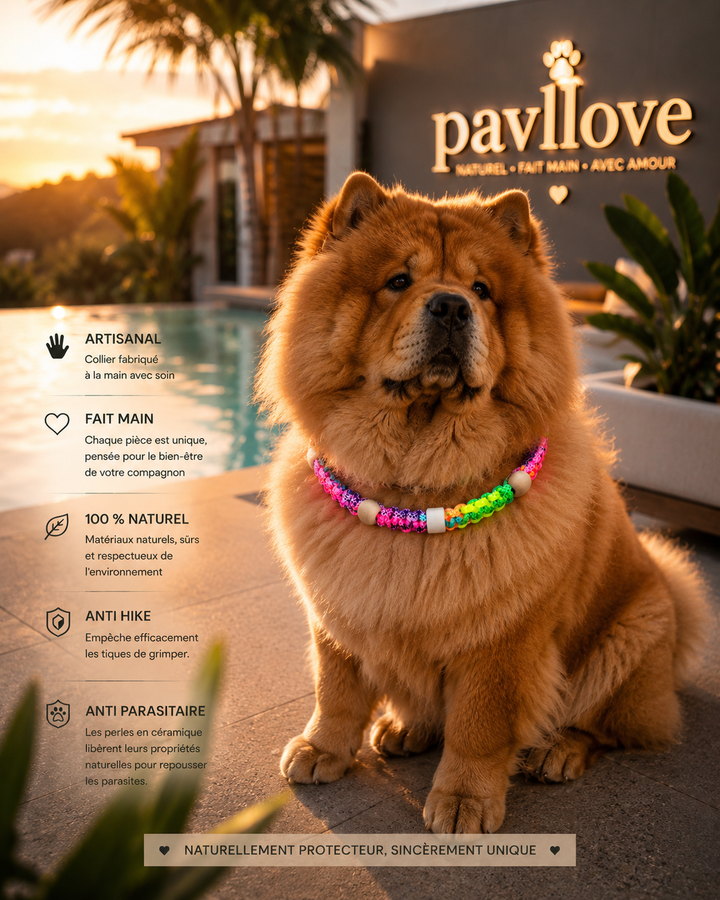 Collier Anti-Tiques & Antiparasitaire Naturel Chien et Chat, Fait Main en France, Perles de Céramique EM (Gamme Tréssée)