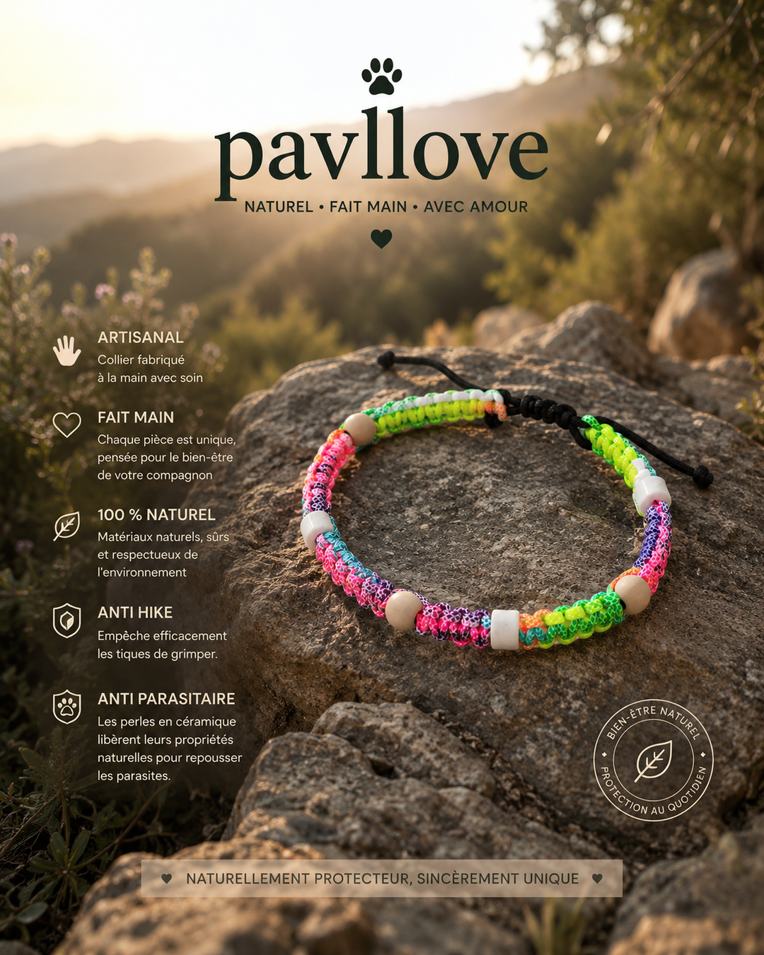 Colliers Fluos multicolor Anti-Tiques & Antiparasitaire Naturel, Perles de Céramique EM (Gamme Tréssée) ⭐⭐⭐⭐⭐