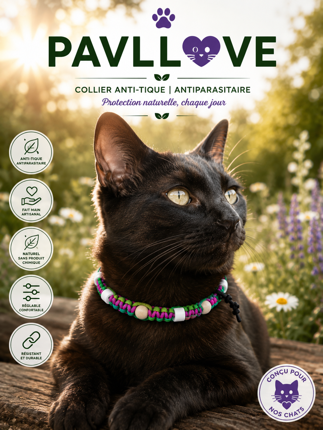 Collier Anti-Tiques & Antiparasitaire Naturel Chien et Chat, Fait Main en France, Perles de Céramique EM (Gamme Tréssée)